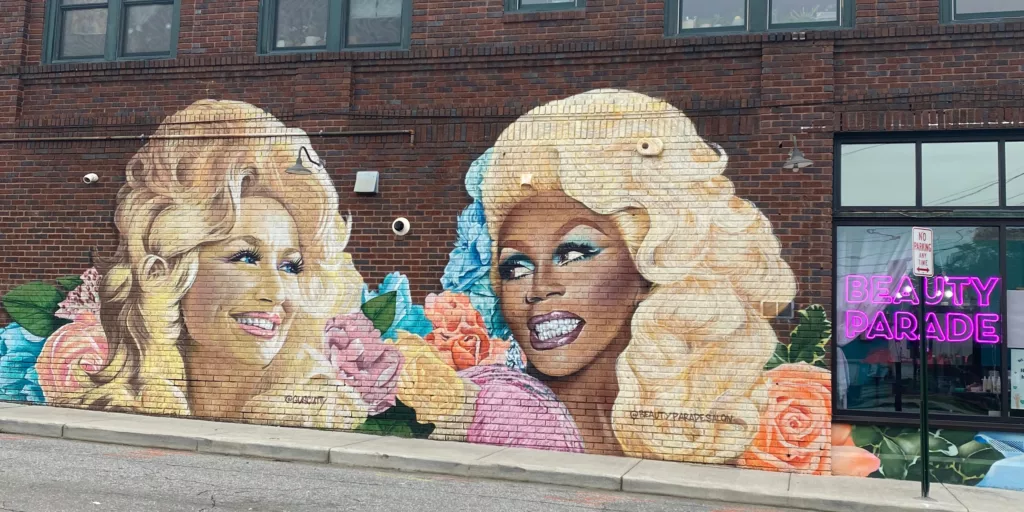 Dolly Parton and Ru Paul on Haywood Avenue's Beauty Parade, Street Art in West Asheville, Asheville, NC 